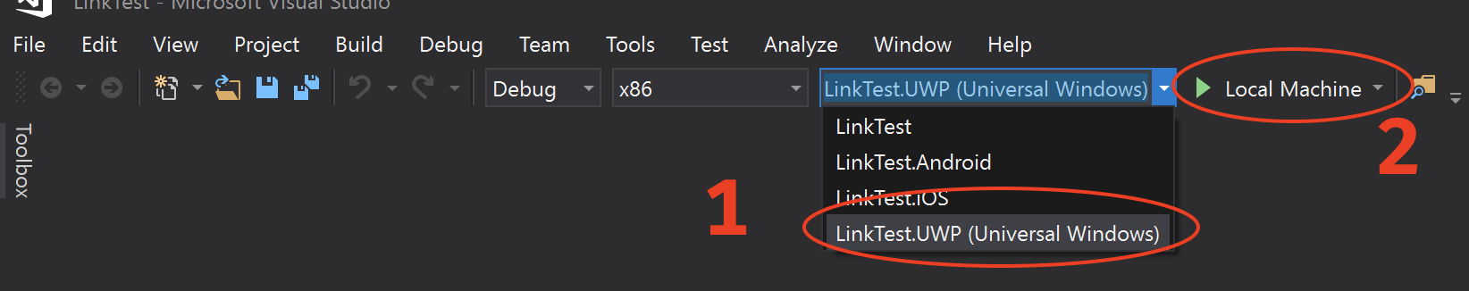 Select LinkTest.UWP Project